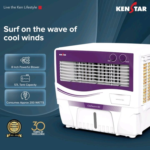 Kenstar 60 L Window Air Cooler Anti-Bacterial Protection, Inverter Compatible, Collapsible Louver, 5 Star BEE Rating (PURPLE & WHITE, COOLWAVE 60)