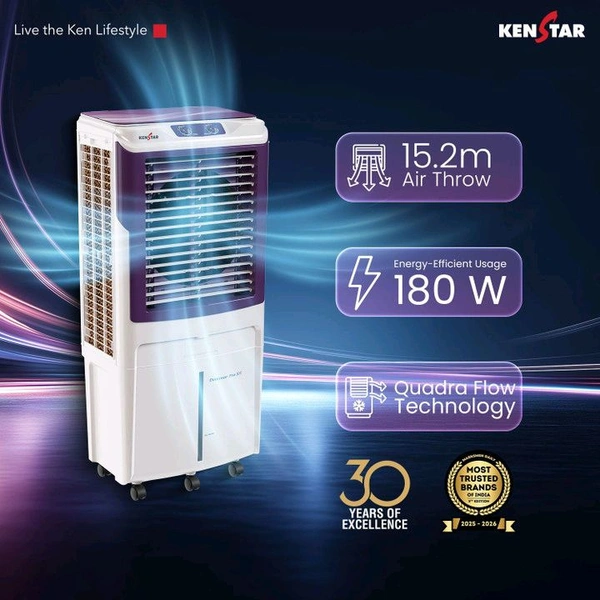 Kenstar 105 L Desert Air Cooler Honeycomb Pads, Anti-Bacterial Protection, Inverter Compatible, Collapsible Louver, 5 Star BEE Rating (WHITE & PURPLE, DOMINAR HC PRO 105)