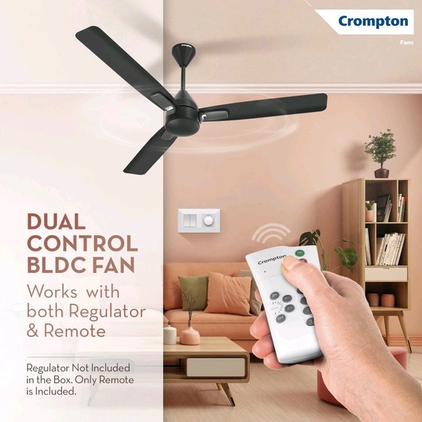 Crompton Caelum with 4 Year Warranty BLDC with Remote and Regulator 1200 mm Ceiling Fan (5 Star | Matte Black | Pack of 1)