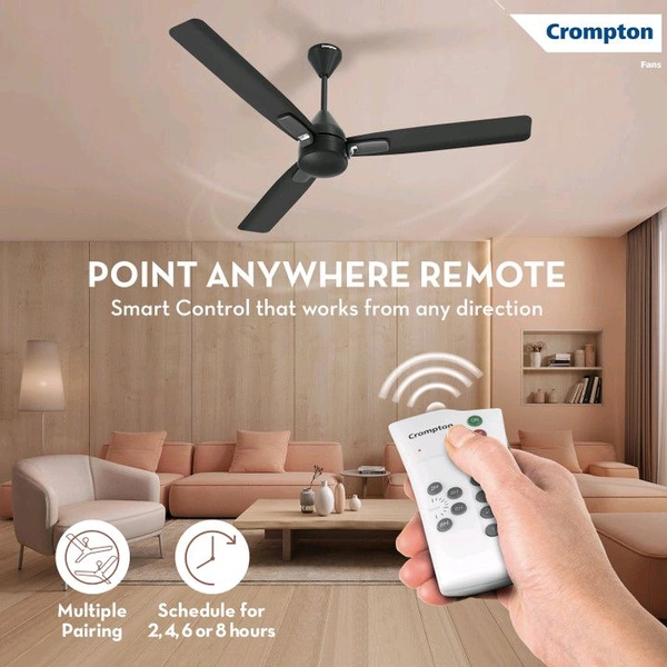 Crompton Caelum with 4 Year Warranty BLDC with Remote and Regulator 1200 mm Ceiling Fan (5 Star | Matte Black | Pack of 1)