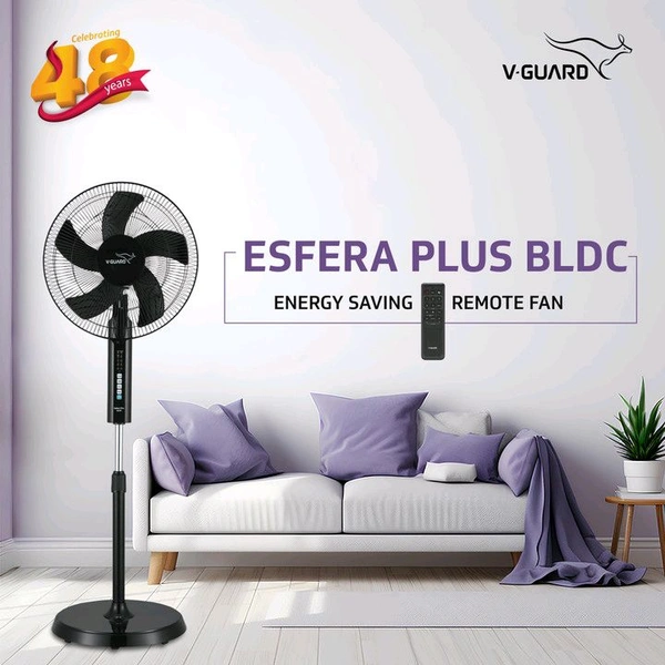 V-Guard Esfera Plus BLDC (Black) with 2 Year Warranty BLDC Motor with Remote 400 mm Pedestal Fan (Black | Pack of 1)
