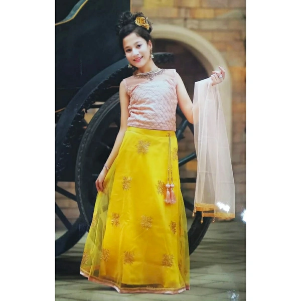 Lahanga Choli (NF009) - peach + yellow, 7-8 y