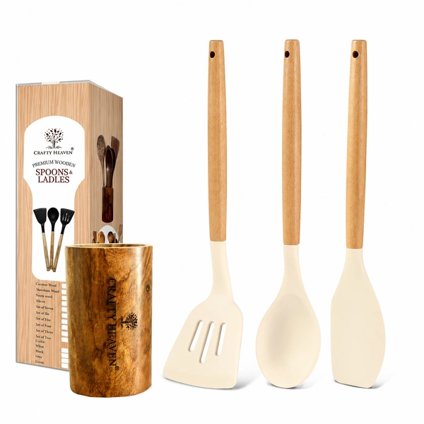 Silicone Spatula Set for Kitchen Ideal for Non-Stick Cooking Pans Ladles Natural Acacia Hard Wood Handle Turner Serving Cooking Spoon for Omelet Dosa chapati with Wooden Holder Set of 4 (Ivory) - Standard, Ivory
