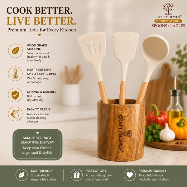 Silicone Spatula Set for Kitchen Ideal for Non-Stick Cooking Pans Ladles Natural Acacia Hard Wood Handle Turner Serving Cooking Spoon for Omelet Dosa chapati with Wooden Holder Set of 4 (Ivory) - Standard, Ivory