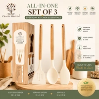 Silicone Spatula Set for Kitchen Ideal for Non-Stick Cooking Pans Ladles Natural Acacia Hard Wood Handle Turner Serving Cooking Spoon for Omelet Dosa chapati with Wooden Holder Set of 4 (Ivory) - Standard, Ivory