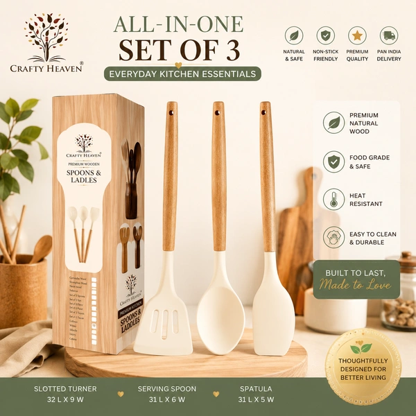 Silicone Spatula Set for Kitchen Ideal for Non-Stick Cooking Pans Ladles Natural Acacia Hard Wood Handle Turner Serving Cooking Spoon for Omelet Dosa chapati with Wooden Holder Set of 4 (Ivory) - Standard, Ivory