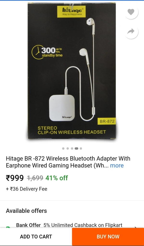 Hitage BR-872 Wireless Bluetooth Adapter WithEarphone Wired Gaming Headset (White, In theEar) - White, 1