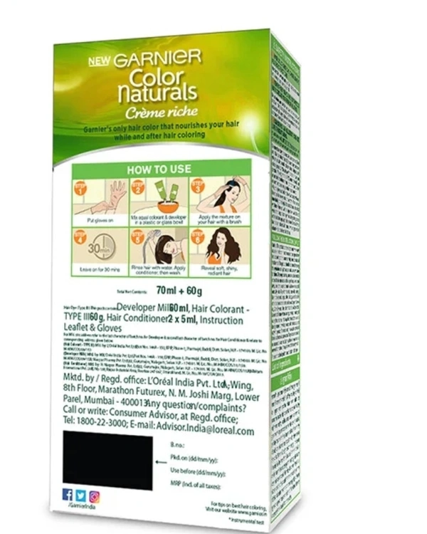 Garniar Colour Naturals Cream Hair Colour (Shade 3 Darkest Brown) 70ml+60ml