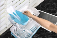 EASYMART Plastic 2 Tier Large Kitchen Sink Dish Drainer Rack Drying Basket Stand with Tray and Cutlery Utensil Holder - Multicolored