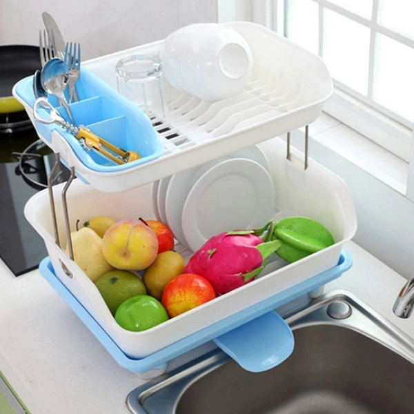 EASYMART Plastic 2 Tier Large Kitchen Sink Dish Drainer Rack Drying Basket Stand with Tray and Cutlery Utensil Holder - Multicolored