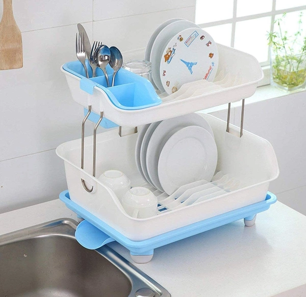 EASYMART Plastic 2 Tier Large Kitchen Sink Dish Drainer Rack Drying Basket Stand with Tray and Cutlery Utensil Holder - Multicolored