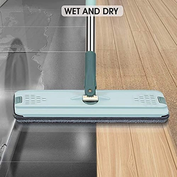 Easy Flat Mop Stick Rod with Bucket Set in Offer for Wet & Dry Use, Best 360 Degree Spin Magic Floor Cleaning for Home + Office and 2 Refill Washable Head - Mint Green
