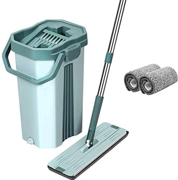Easy Flat Mop Stick Rod with Bucket Set in Offer for Wet & Dry Use, Best 360 Degree Spin Magic Floor Cleaning for Home + Office and 2 Refill Washable Head - Mint Green