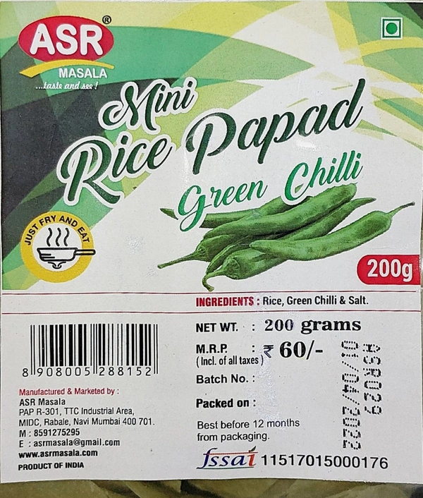 ASR MINI RICE PAPAD GREEN CHILLI 200G