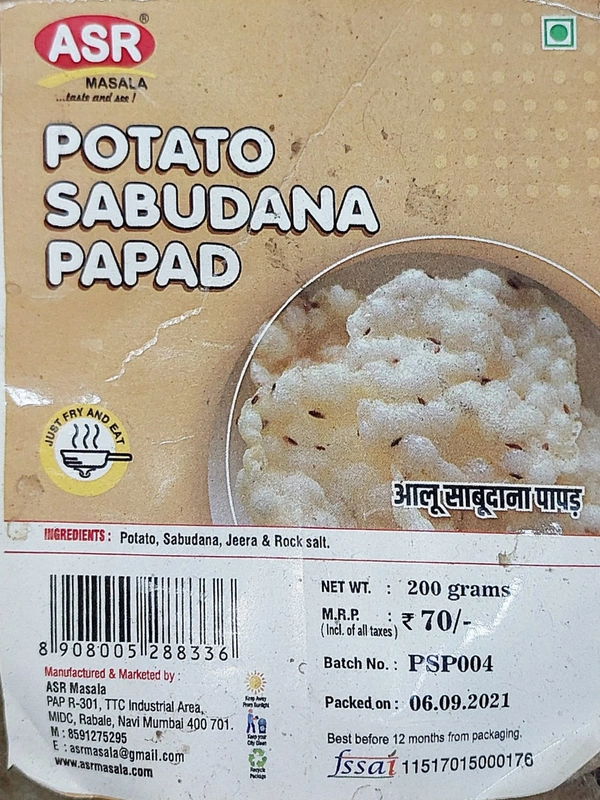 ASR POTATO SABUDANA PAPAD 200GM