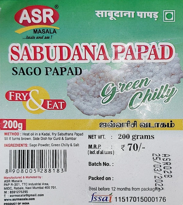 ASR SABUDANA PAPAD SAGO PAPAD GREEN CHILLI 200G