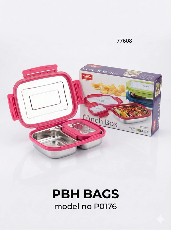 PBH BAGS Stainless Steel Lunch Box (Model P0176) – Sauras Trio Series | Leak-Proof Tiffin with Steel Lid & Inner Dip Container - Turkish Rose
