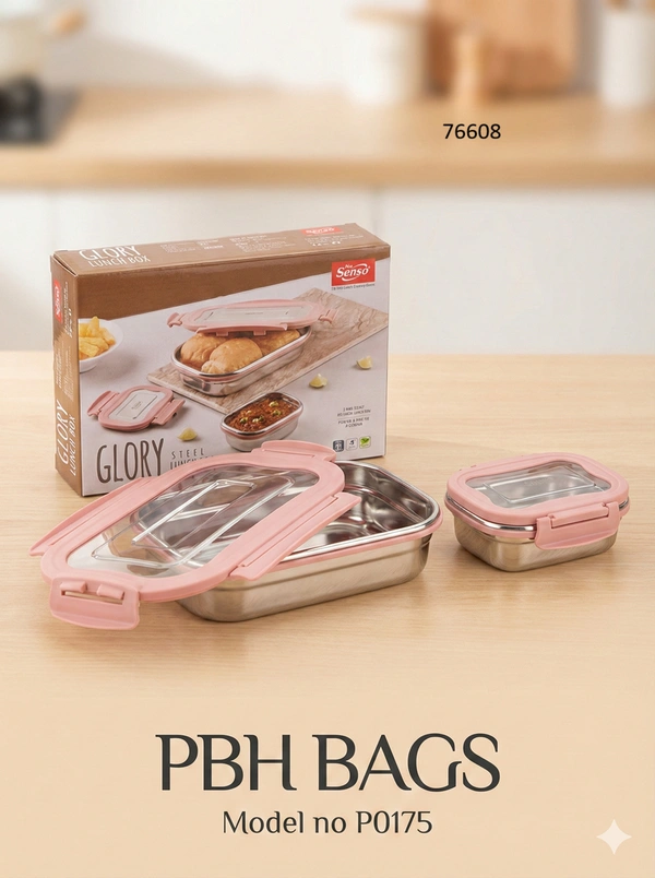PBH BAGS Premium Stainless Steel Lunch Box (Model P0175) – Seamo Glory Series | Leak-Proof Tiffin with Steel Lid & Inner Container - Melanie