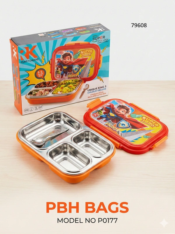 PBH BAGS Kids Lunch Box (Model P0177) – RK Plastoware Unique King 3 | 3-Compartment Stainless Steel Insulated Tiffin with Spoon - Mojo