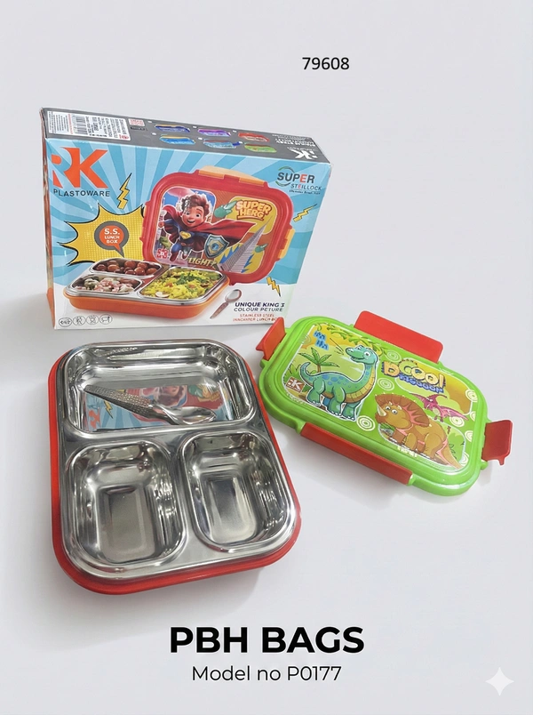 PBH BAGS Kids Lunch Box (Model P0177) – RK Plastoware Unique King 3 | 3-Compartment Stainless Steel Insulated Tiffin with Spoon - Mantis