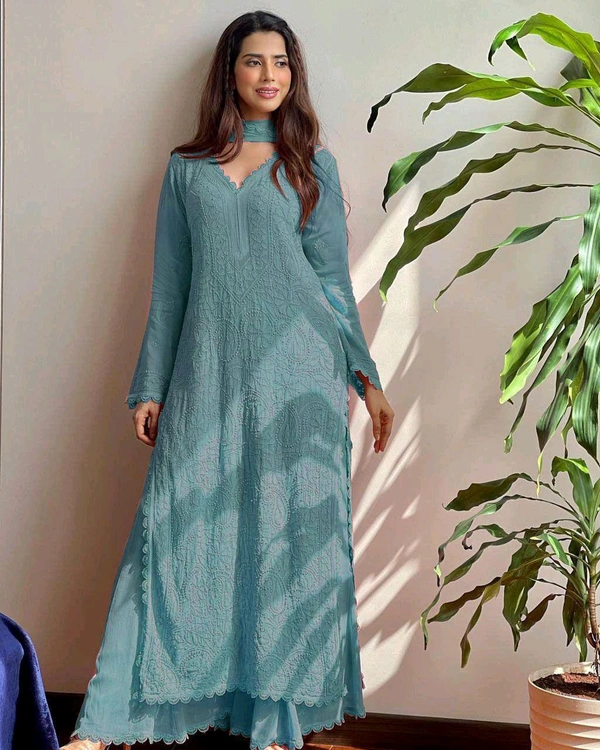 Faux Georgette Embroidery Kurta Set