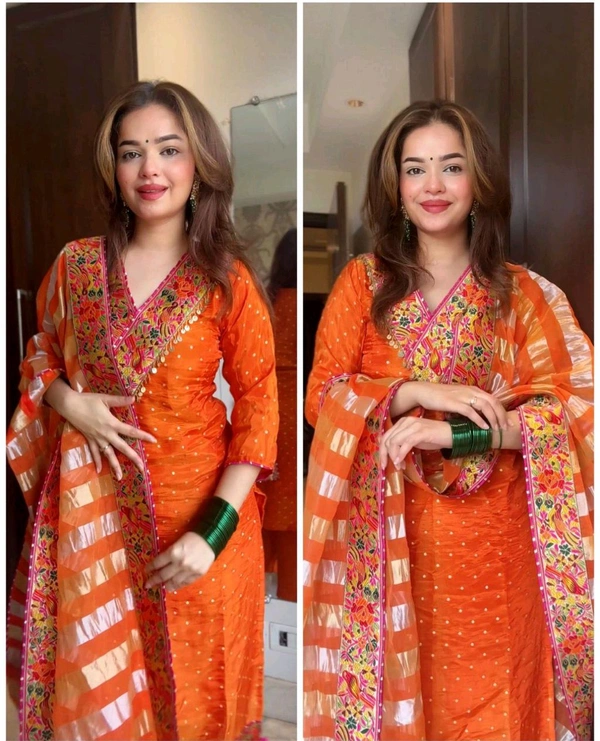Pure Mul Chanderi Top , Palazzo and Dupatta Set