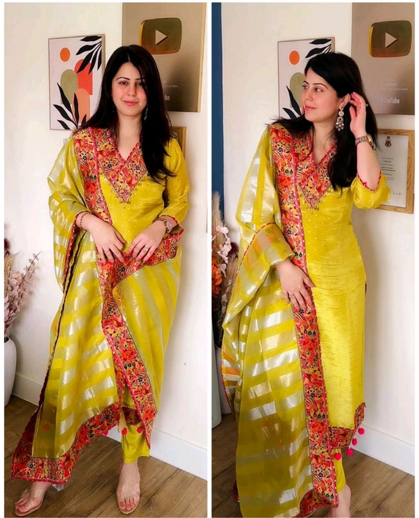Pure Mul Chanderi Top , Palazzo and Dupatta Set