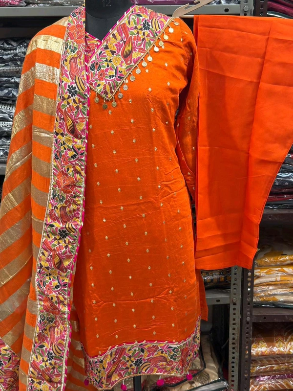 Pure Mul Chanderi Top , Palazzo and Dupatta Set