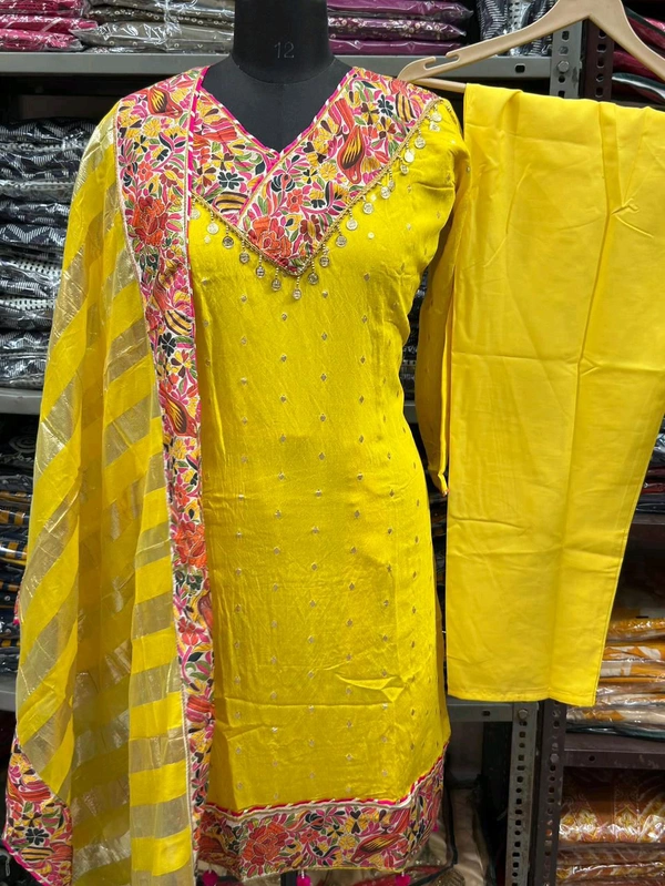 Pure Mul Chanderi Top , Palazzo and Dupatta Set