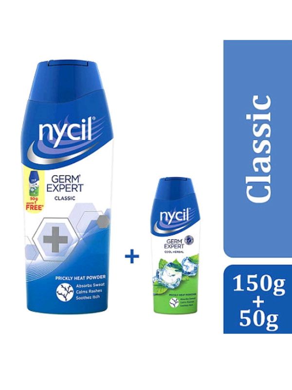 Nycil Germ Expert Classic Prickly Heat Powder 150g(Get Nycil Cool Herbar 50g Free)