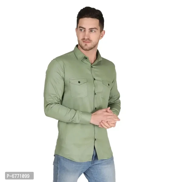 NUMERO-CLOTHES FATHION Mens Cotton Solid Full Sleeve Double Pockte Shirt  - L