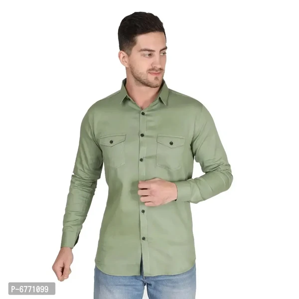 NUMERO-CLOTHES FATHION Mens Cotton Solid Full Sleeve Double Pockte Shirt  - L