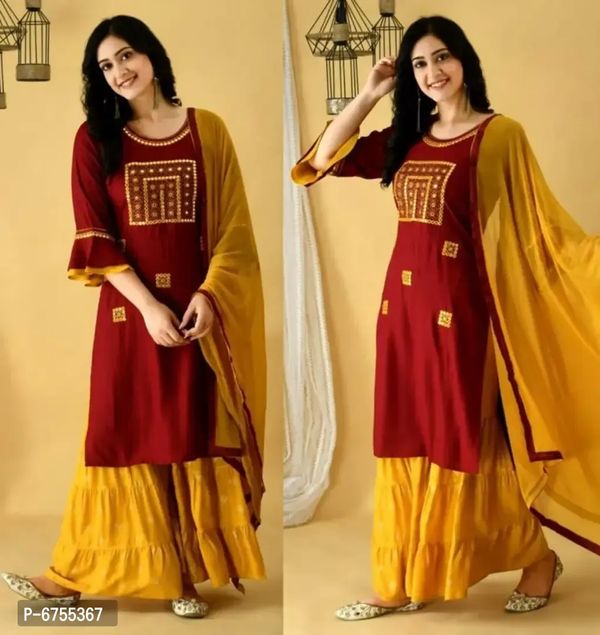 Elegant Rayon Mirror Work Embroidery Suit Set For Women - M