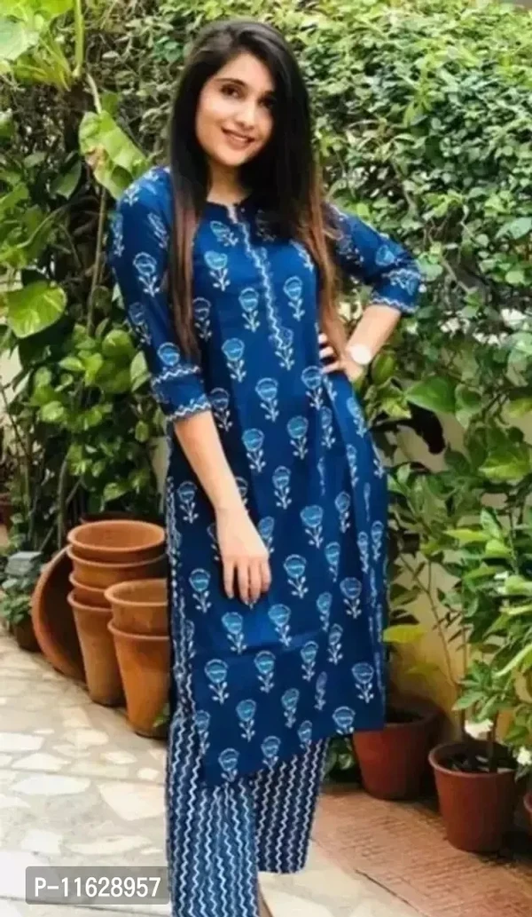 Reliable Blue Printed Rayon Kurta with Pant Set For Women - M