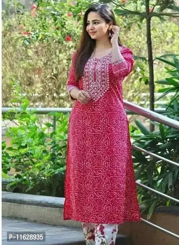 Reliable Pink Printed Rayon Kurta With Pant Set For Women  - L
