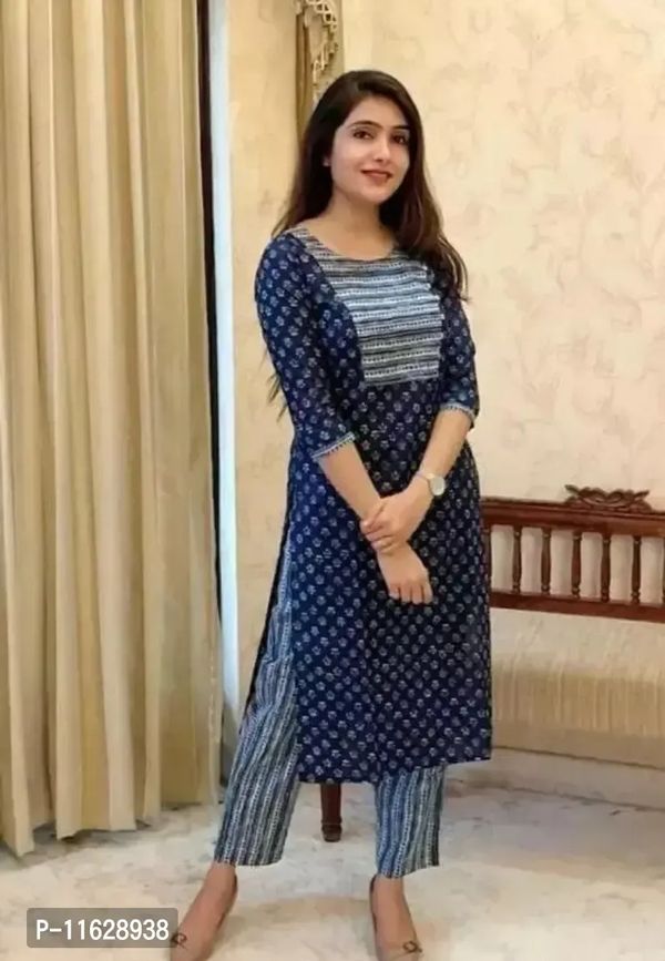 Reliable Blue Self Design Rayon Kurta with Pant Set For Women - M