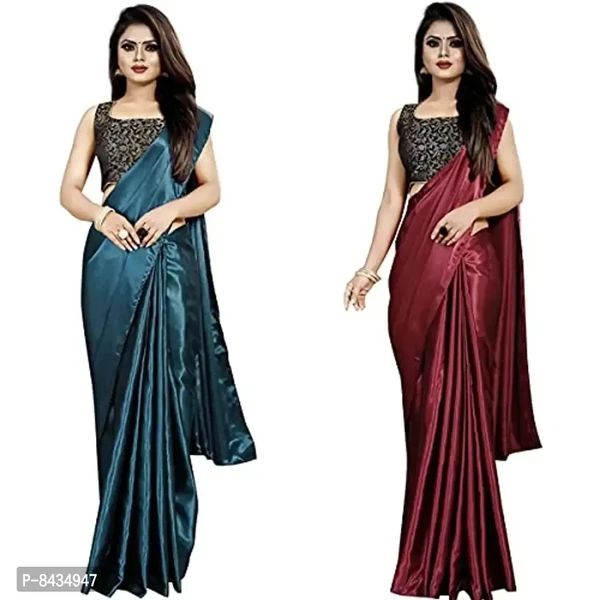 Market Magic World Women's Bollywood Style Plain Satin Shiny Soft Silk Saree With Blouse Piece (Pack Of Tow)
