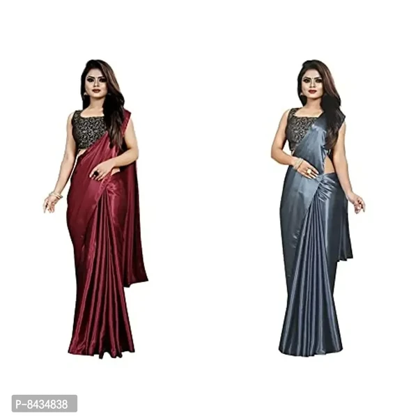 Market Magic World Women's Brocade Satin Saree With Blouse Piece (STMaroon_Grey_Maroon and Grey)