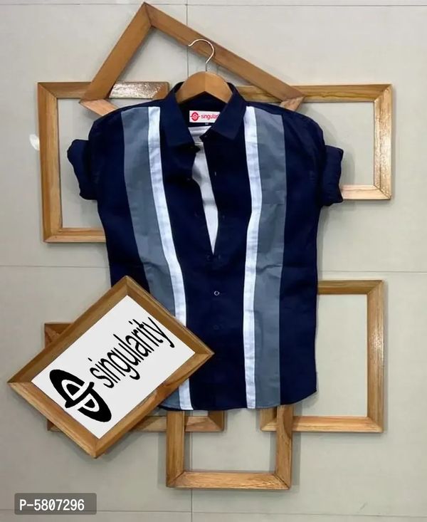 Stylish Navy Blue Cotton Striped Regular Fit Casual Shirt For Men - M