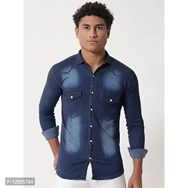 Double One - Men's Solid Slim Fit Denim Casual Shirt - M