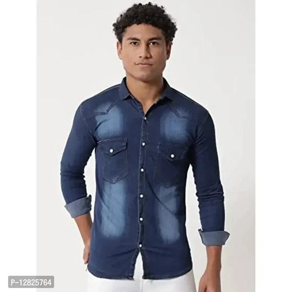 Double One - Men's Solid Slim Fit Denim Casual Shirt - L