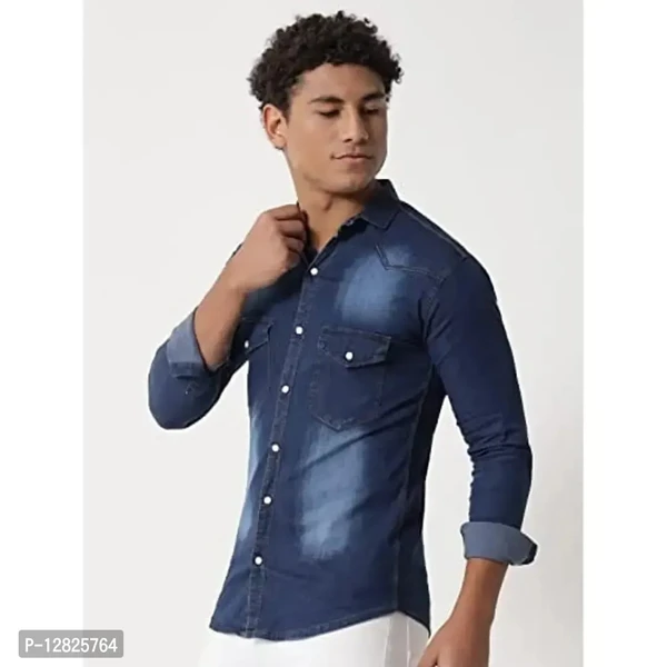 Double One - Men's Solid Slim Fit Denim Casual Shirt - L