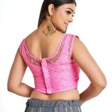 Women Round Neck Embriodered Net Sleeveless Readymade Blouse For Saree  - L