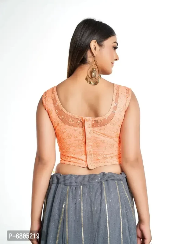 Women Round Neck Embriodered Net Sleeveless Readymade Blouse For Saree - XL