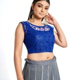 Women Round Neck Embriodered Net Sleeveless Readymade Blouse For Saree - XXL