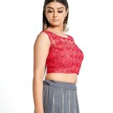 Women Round Neck Embriodered Net Sleeveless Readymade Blouse For Saree - L