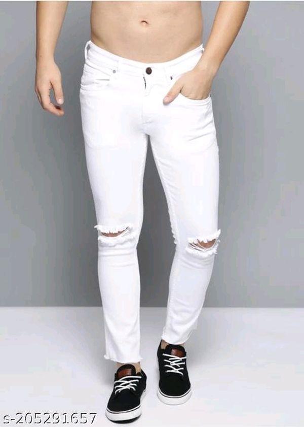 Men White Strechable Slash Knee Jeans - 28