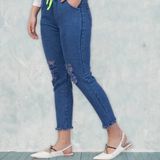 Premium Quality for Women  Girls |  Knee Slit Washed Blue Jogger Jeans  - 38