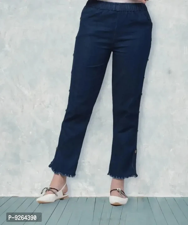 Women Denim Lycra Side Buttoned Dark Blue Jogger Jeans - 40