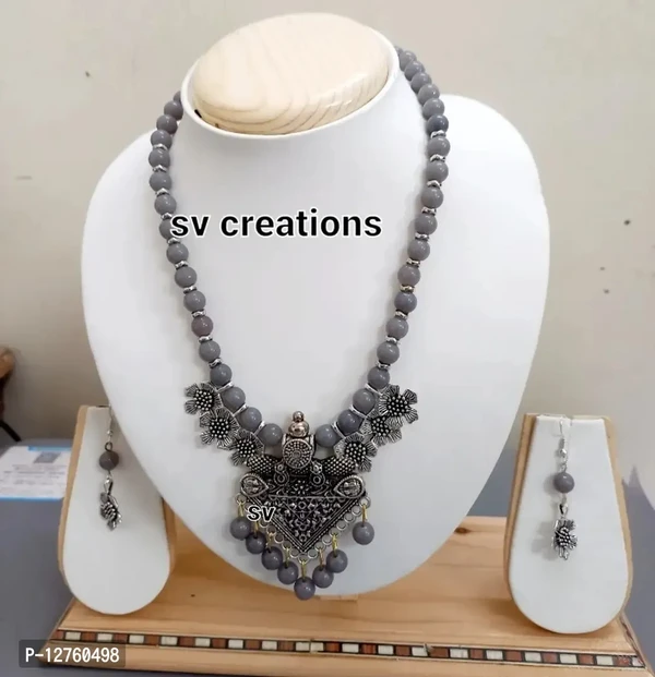 oxidized beads flower necklace set 